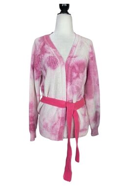 Dimora Tie-Dye Pink Belted open front  Cardigan Sweater